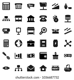 Flat vector icon set - skimmer vector, copybook, presentation, world, bank, graph, wallet, case, building, calculator, hierarchy, enegry drink, stairways run, phone, port, music hit, mail, eye, cash