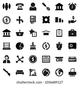 Flat vector icon set - skimmer vector, case, alarm clock, schedule, abacus, bank, exchange, dollar coin, pie graph, crisis, investment, building, man, safe, any currency, route, earth, phone 24