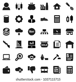 Flat vector icon set - skimmer vector, calculator, notebook pc, japanese candle, laptop graph, crisis, manager, auction, hierarchy, snickers, receipt, port, document, warehouse, oil barrel, lock