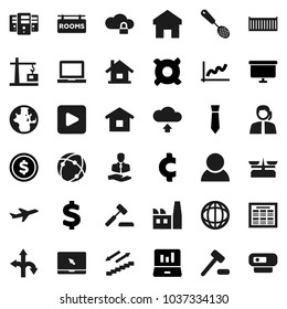 Flat vector icon set - skimmer vector, notebook pc, schedule, world, dollar coin, graph, laptop, presentation board, tie, any currency, cent sign, stairways run, route, plane, support, client, home