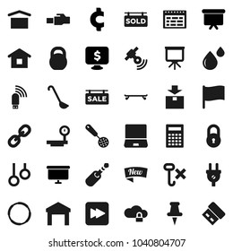 Flat vector icon set - skimmer vector, ladle, calculator, schedule, presentation, flag, board, monitor dollar, cent sign, weight, skateboard, hoop, gymnast rings, dry cargo, no hook, warehouse, link