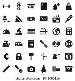 Flat vector icon set - skimmer vector, rolling pin, turk coffee, dish, school building, ruler, microscope, bell, personal information, constellation, cent sign, barbell, scales, breads, pool, earth