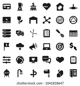 Flat vector icon set - skimmer vector, mixer, bbq, notebook pc, clipboard, constellation, bank building, dollar flag, cursor, heart pulse, calendar, monitor, route, tulip, internet, dialog, connect