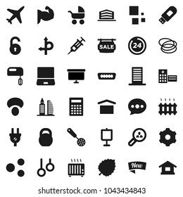 Flat vector icon set - skimmer vector, mushroom, calculator, presentation, leaf, board, weight, muscule hand, hoop, gymnast rings, route, plane, dry cargo, notebook pc, hdmi, syringe, gear, share