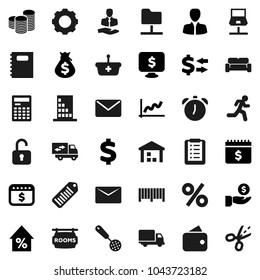 Flat vector icon set - skimmer vector, copybook, calculator, alarm clock, exchange, graph, percent growth, money bag, manager, investment, coin stack, dollar calendar, monitor, sign, run, client