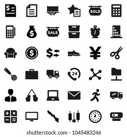 Flat vector icon set - skimmer vector, case, notebook pc, alarm clock, scissors, document, archive, exchange, dollar coin, japanese candle, crisis, money bag, manager, annual report, yen sign, run