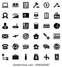 Flat vector icon set - skimmer vector, case, notebook pc, medal, abacus, exchange, pie graph, manager, auction, binder, tie, safe, clipboard, stairways run, route, plane, receipt, oil barrel, mail