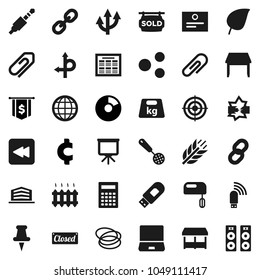 Flat vector icon set - skimmer vector, calculator, schedule, certificate, presentation, leaf, pie graph, dollar flag, cent sign, target, cereals, hoop, route, weight, notebook pc, link, thumbtack