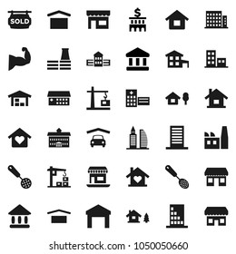 Flat vector icon set - skimmer vector, university, school building, bank, muscule hand, office, dry cargo, warehouse, hospital, house, cottage, chalet, garage, barn, sold signboard, apartments