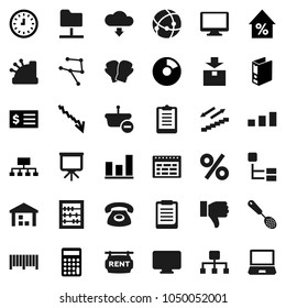 Flat vector icon set - skimmer vector, schedule, clipboard, abacus, presentation, graph, pie, crisis, percent growth, calculator, receipt, clock, binder, hierarchy, boxing glove, stairways run
