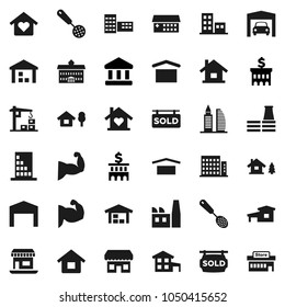 Flat vector icon set - skimmer vector, university, school building, bank, muscule hand, office, dry cargo, warehouse, hospital, house, cottage, chalet, garage, barn, sold signboard, apartments, mall