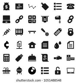 Flat vector icon set - skimmer vector, cutting board, mixer, bbq, certificate, document, constellation, pie graph, dollar flag, cent sign, weight, skateboard, pool, barcode, notebook pc, syringe