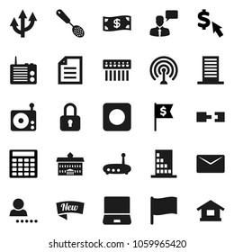 Flat vector icon set - skimmer vector, university, document, flag, calculator, dollar, cursor, radio, antenna, speaking man, notebook pc, rec button, hub, router, mail, route arrow, connection, cash