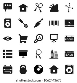 Flat vector icon set - skimmer vector, backpack, presentation, constellation, pie graph, board, weight, jump rope, barcode, notebook pc, speaker, jack, eye, message, sale signboard, rooms, cashbox