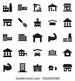 Flat vector icon set - skimmer vector, university, school building, bank, muscule hand, office, dry cargo, warehouse, hospital, house, cottage, chalet, garage, apartments, construction crane, store