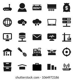 Flat vector icon set - skimmer vector, world, archive, case, monitor dollar, truck trailer, dry cargo, warehouse, sorting, diagnostic, network server, cloud lock, exchange, router, rent signboard