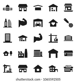 Flat vector icon set - skimmer vector, school building, muscule hand, office, dry cargo, warehouse, hospital, house, cottage, chalet, garage, barn, apartments, love home, construction crane, factory