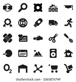 Flat vector icon set - skimmer vector, graduate hat, medal, scissors, magnifier, any currency, heart monitor, oxygen, run, delivery, calendar, speaker, insemination, patch, network, firewall, globe