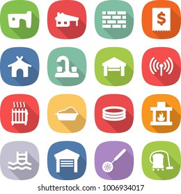 flat vector icon set - slum vector, house with garage, brick wall, tax, bungalow, water tap, wireless, radiator, washing, inflatable pool, fireplace, skimmer, vacuum cleaner