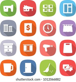 flat vector icon set - slum vector, house with garage, panel, window, district, tax, watch, curtain, nightstand, wardrobe, hair dryer, cutting board, cup, door, broom, home call cleaning