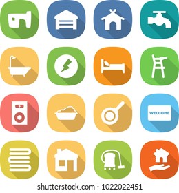 flat vector icon set - slum vector, garage, bungalow, water tap, bath, electricity, bed, Chair for babies, speaker, washing, pan, welcome mat, towels, house, vacuum cleaner, housing