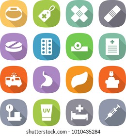 flat vector icon set - smart bracelet vector, medical label, patch, pill, pills blister, head reflector, recipe, ambulance car, stomach, liver, hospital recieption, warehouse scales, uv cream