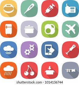 flat vector icon set - smart bracelet vector, medical thermometer, syringe, phone, fridge, pan, atom core, plane, cloud service, dna edit, touchscreen, blender, rain, cherry, package, drying clothes