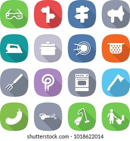 flat vector icon set - smart glasses vector, signpost, loudspeaker, iron, pan, satellite, colander, big fork, elecric oven, axe, eggplant, blower, vacuum cleaner, toilet cleaning