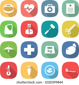 flat vector icon set - smart bracelet vector, heart pulse, doctor case, recipe, broken hand, doctors hammer, surgical clamp, ambulance sign, cross, heavy, lemon, thermometer, carrot, ecology
