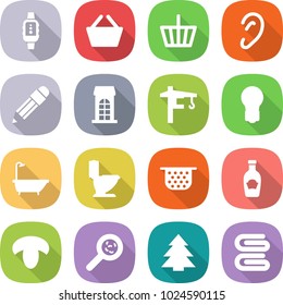 flat vector icon set - smart watch vector, basket, ear, pencil, building, tower crane, bulb, bath, toilet, colander, ketchup, mushroom, viruses, spruce, towel