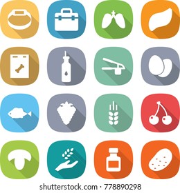 flat vector icon set - smart bracelet vector, doctor bag, lungs, liver, roentgen, vegetable oil, garlic clasp, eggs, fish, berry, spike, cherry, mushroom, harvest, pills bottle, potato