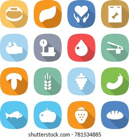 flat vector icon set - smart bracelet vector, liver, health care, roentgen, acid, warehouse scales, drop, garlic clasp, mushroom, spike, grape, eggplant, fish, tomato, strawberry, bread