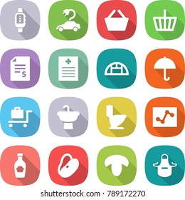 flat vector icon set - smart watch vector, electric car, basket, account balance, recipe, greenhouse, dry cargo, baggage trolley, sink, toilet, analytics, ketchup, beans, mushroom, apron