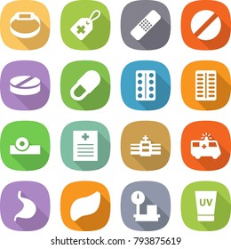 Flat Vector Icon Set - Smart Bracelet Vector, Medical Label, Patch, Pill, Pills Blister, Head Reflector, Recipe, Hospital, Ambulance Car, Stomach, Liver, Warehouse Scales, Uv Cream