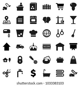Flat vector icon set - soap vector, broom, vacuum cleaner, towel, trash bin, welcome mat, bath, pan, cook hat, skimmer, cereal, mushroom, cake, student, document, cart, arrow up, presentation board