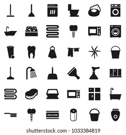 Flat vector icon set - soap vector, plunger, scraper, fetlock, mop, scoop, bucket, sponge, towel, trash bin, welcome mat, bath, toilet, drying clothes, washer, shining window, paper, shower, tooth