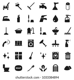 Flat vector icon set - soap vector, plunger, scraper, cleaner trolley, broom, water tap, vacuum, mop, rake, trash bin, drop, car fetlock, shining, iron, steaming, toilet, brush, washer, foam basin