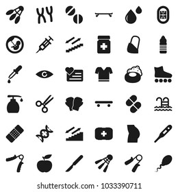 Flat vector icon set - soap vector, liquid, diet, hand trainer, buttocks, boxing glove, t shirt, roller Skates, skateboard, water bottle, stairways run, shuttlecock, pool, heart monitor, stadium