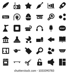 Flat vector icon set - soap vector, plunger, garbage pile, colander, cook timer, cutting board, oven, cereal, book, pen, university, graph, skateboard, fitness mat, speaker, headphones, stop button
