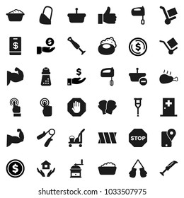 Flat vector icon set - soap vector, cleaner trolley, foam basin, house hold, hand mill, mixer, chicken leg, dollar coin, investment, trainer, muscule, boxing glove, traking, cargo, touchscreen, stop