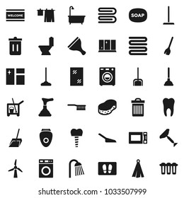 Flat vector icon set - soap vector, plunger, scraper, cleaner trolley, broom, fetlock, mop, scoop, sponge, towel, trash bin, window cleaning, welcome mat, bath, toilet, drying clothes, washer, tooth