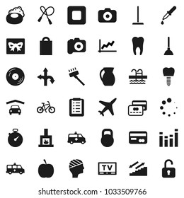 Flat vector icon set - soap vector, plunger, vacuum cleaner, mop, jug, graph, diet, stopwatch, bike, jump rope, stairways run, pool, route, plane, weight, disk, camera, equalizer, tv, stop button