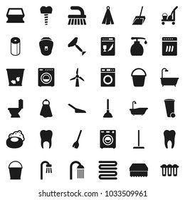 Flat vector icon set - soap vector, plunger, scraper, cleaner trolley, broom, fetlock, mop, scoop, bucket, sponge, towel, trash bin, bath, toilet, washer, liquid, paper, shower, tooth, implant