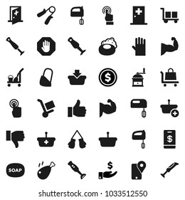Flat vector icon set - soap vector, cleaner trolley, rubber glove, hand mill, mixer, blender, chicken leg, dollar coin, investment, trainer, muscule, boxing, traking, cargo, touchscreen, finger up