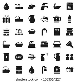Flat vector icon set - soap vector, scraper, water tap, sponge, drop, bath, foam basin, sprayer, closet, kettle, double boiler, jug, enegry drink, bottle, pool, pond, supply, heating, dishwasher
