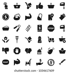 Flat vector icon set - soap vector, cleaner trolley, foam basin, rubber glove, house hold, hand mill, mixer, chicken leg, dollar coin, investment, trainer, muscule, boxing, traking, cargo, finger up