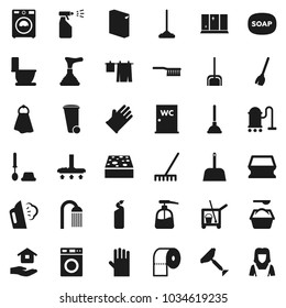 Flat vector icon set - soap vector, plunger, scraper, cleaner trolley, broom, vacuum, fetlock, mop, scoop, rake, sponge, towel, trash bin, steaming, toilet, drying clothes, brush, washer, liquid