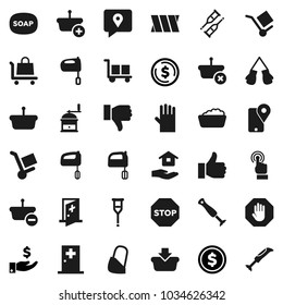 Flat vector icon set - soap vector, foam basin, rubber glove, house hold, hand mill, mixer, dollar coin, investment, boxing, traking, cargo, touchscreen, finger up, down, crutches, bandage, stop