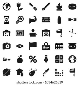 Flat vector icon set - soap vector, splotch, skimmer, mixer, chicken leg, pen, apple fruit, schedule, world, flag, constellation, sand clock, calendar, muscule hand, water bottle, earth, port, tulip