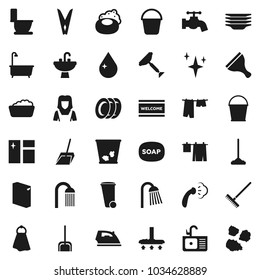 Flat vector icon set - soap vector, scraper, vacuum cleaner, mop, scoop, rake, bucket, clothespin, towel, trash bin, water drop, tap, shining, window cleaning, welcome mat, iron, steaming, bath